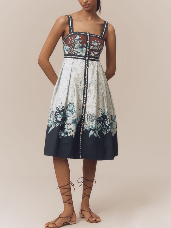 Maeve Dresses & Skirts - Maeve Navy, White and Brown Floral Midi Dress